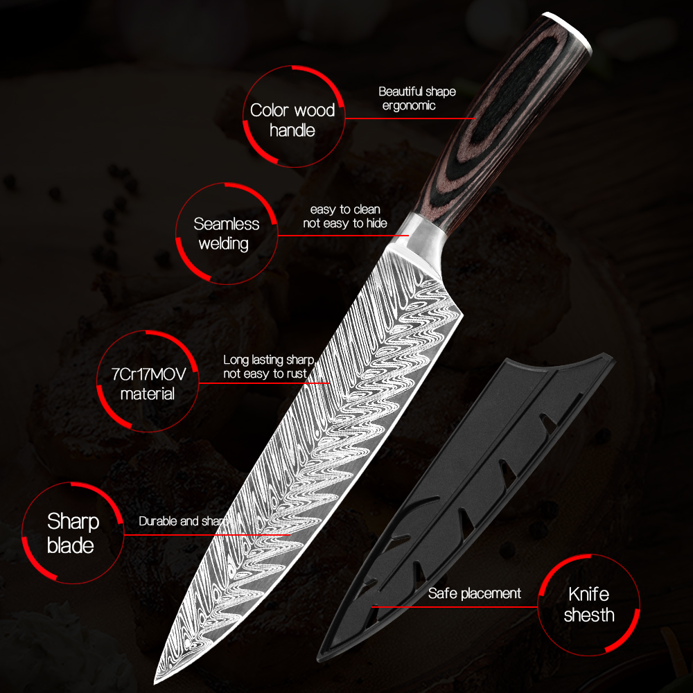 Sowoll Kitchen Stainless Steel Knives Tool Fruit Utility Santoku Chef Slicer Damascus Veins Kitchen Knives Scissor Sharpener Bar