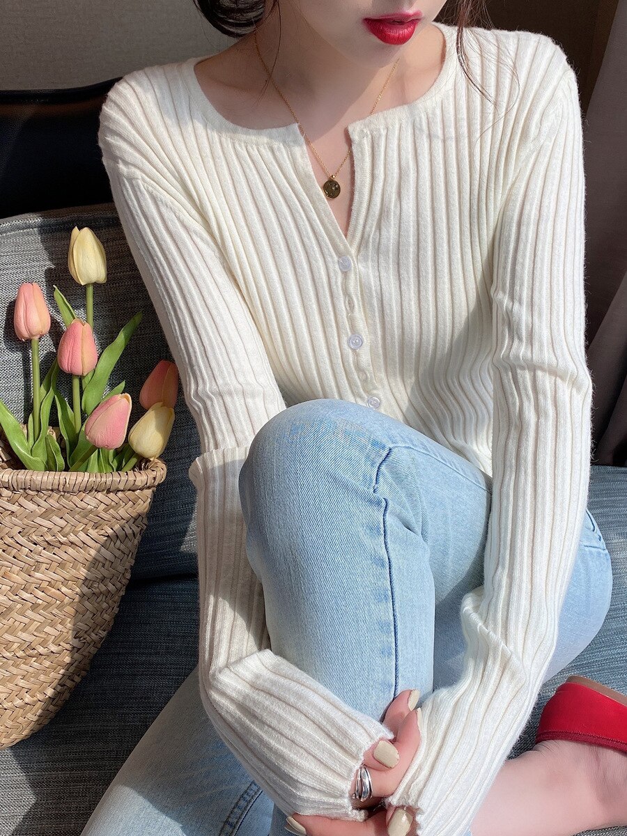 Cárdigan de punto de manga larga para mujer, cárdigan, cárdigan sólido ajustado, ajuste alto, Tops de calle, ropa de playa para mujer
