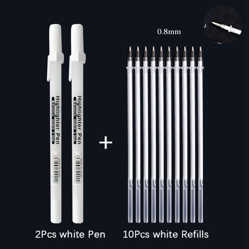 Juego de bolígrafos de Gel blancos, rotulador blanco de punta fina de 0,8mm, varilla de recarga para estudiantes, suministros de dibujo artístico y escritura: Blanco