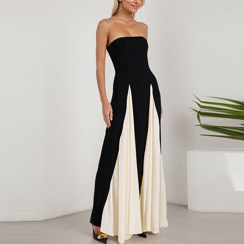 Forårskjoler med off-shoulder-motiv til kvinder sexet tube top farveblokeret patchwork lang kjole sommerkjole med ærmer og ryg
