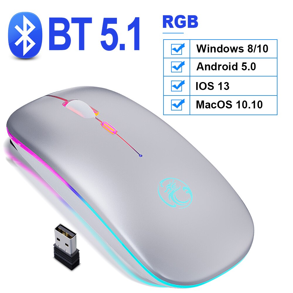 Mouse Wireless Mouse Computer Mouse Bluetooth 5.1 USB 2.4 Rechargeable Mause Silent Mause for Laptop RGB Ergonomic Mice Wireless: BT5.1 RGB Silver