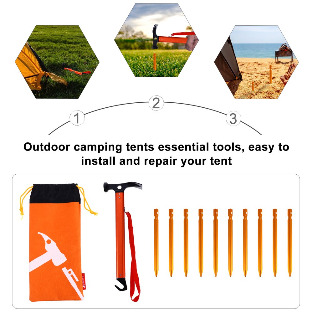 12PCS Camping Tent Stakes - Shovel Head Hammer Tool Set - Outdoor Triangular Nails