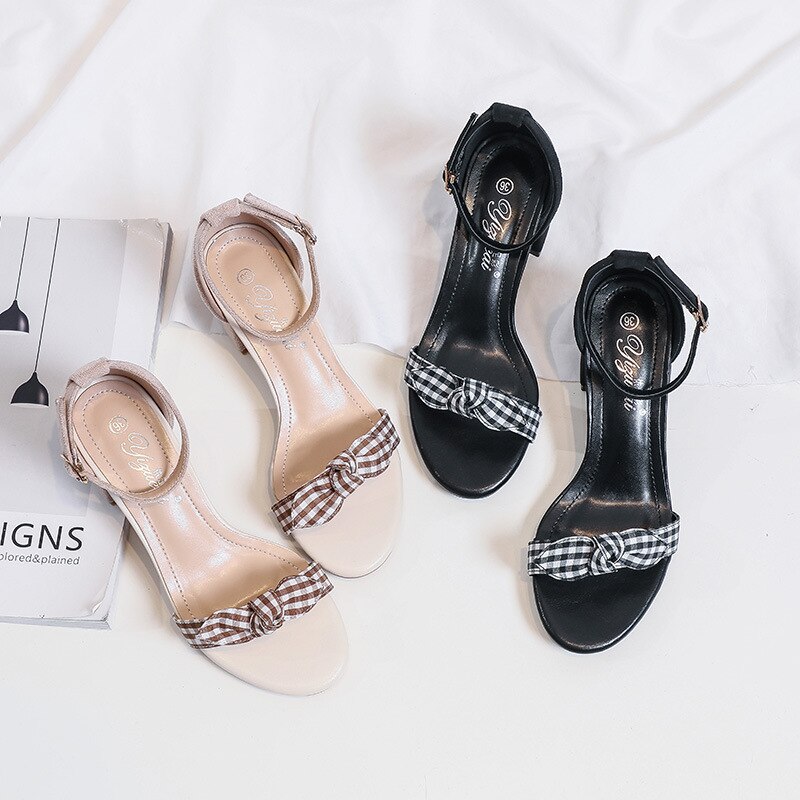 Summer high heels women Roman shoes thick with open toe sandals women's shoes size 34-41 European Gingham Butterfly-knot sandals