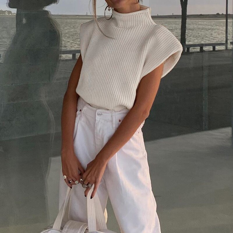 Winter Fall Vrouwen Wit Beige Effen Coltrui Kantoor Dame Truien Jumper Gebreide Truien Casual Korte Mouwen Bolero: WHITE / M