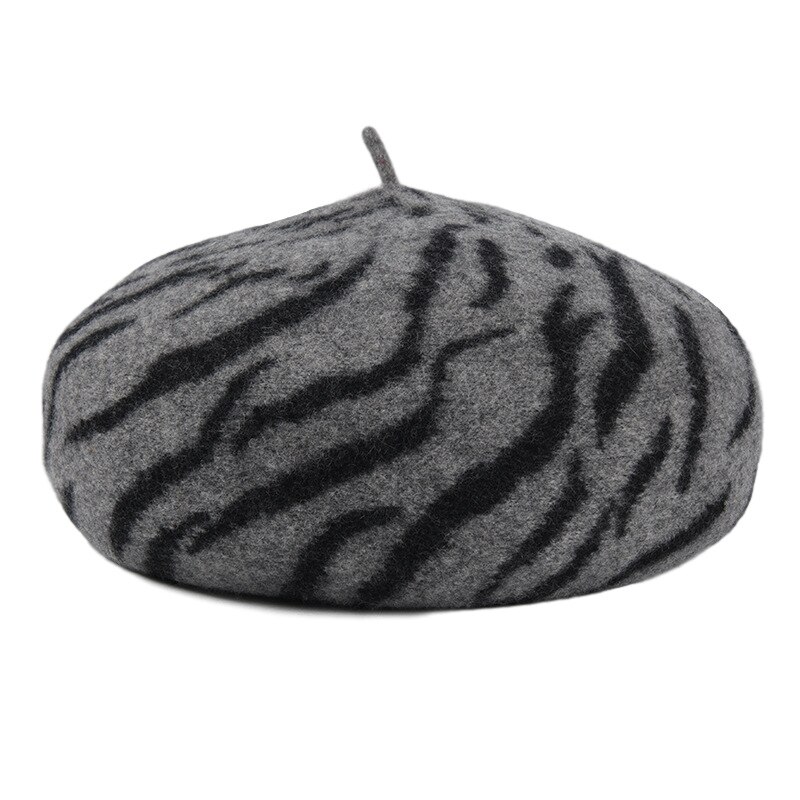 ¡Novedad de ! Boina de lana con estampado de cebra para mujer, sombreros franceses de otoño-invierno, boinas amarillas para mujer, sombrero de champiñón,: gray