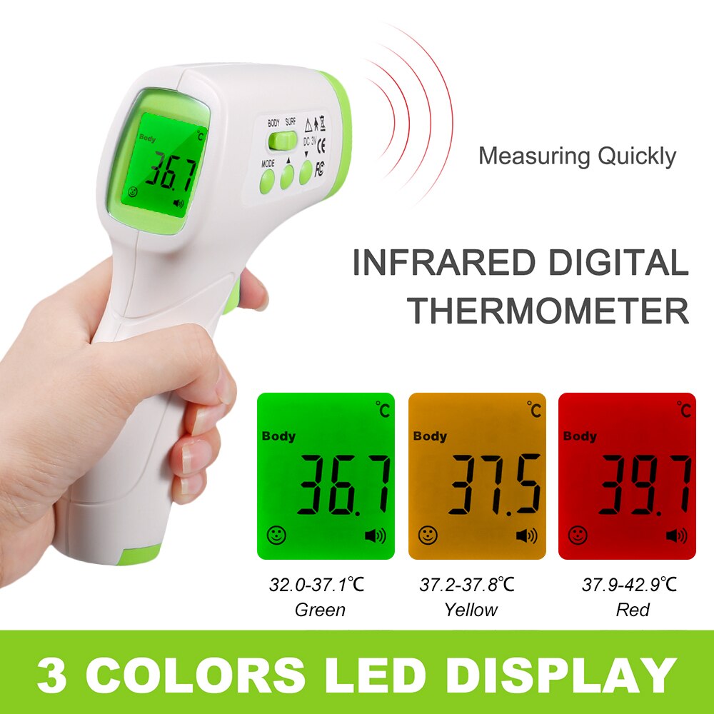 Non-contact IR Infrared Thermometer Forehead Temperature Measurement LCD Three Colors Backlight Digital Display Accuracy ±0.2℃: MD1795GR
