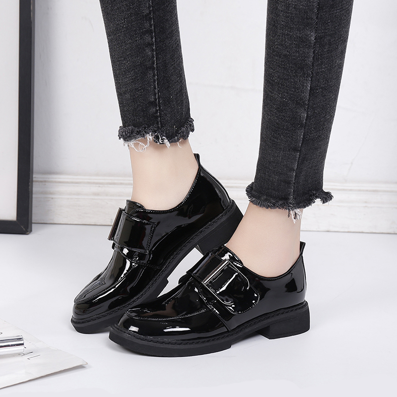 BeautyFeet Solid Patent Leather Women Shoes Woman Oxford Leisure Shoes Female Square Low Heels Hoop&Loop Casual Shoes