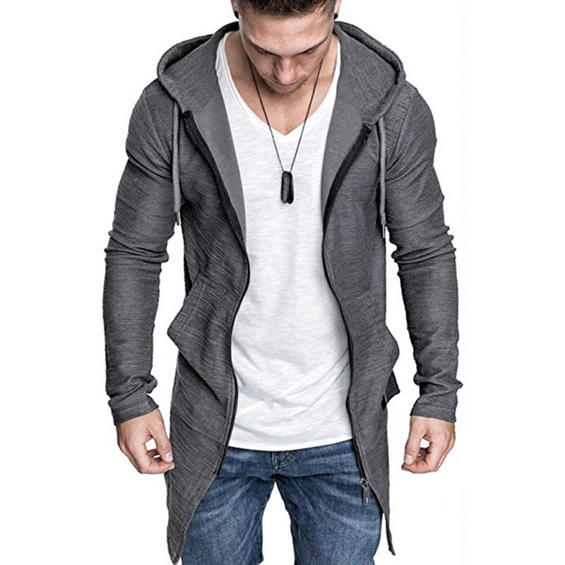 CYSINCOS Men's Long Cardigan Sweater Jacket Hooded Zipper Slim Fit Open Front Longline Cardigans with Pockets Men Sweater Jacket: Grey / Asian Size M