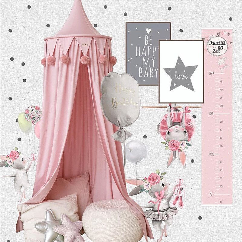 Mosquitera hecha a mano para decoración de dormitorio de niños, cortinas toldo para camas, cúpula colgante redonda con borlas de pompón: Pink