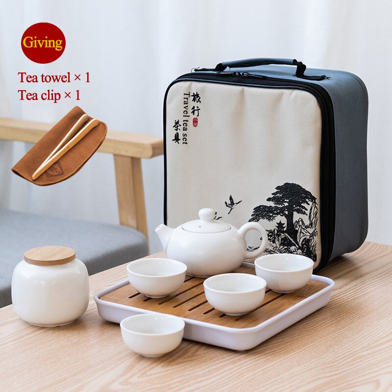 Portable Chinese Travel Kung Fu Tea Set Ceramic Teapot Porcelain Teaset Gaiwan Tea Cups of Tea Ceremony Tea Pot With Travel Bag: D-White