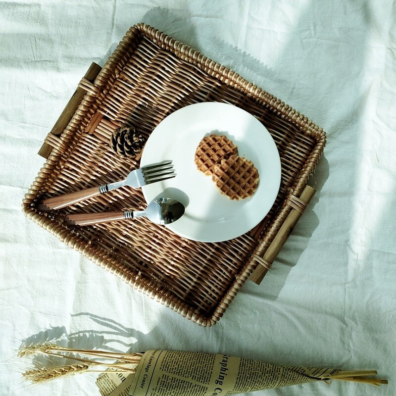 Bandeja duplo de vime em rattan multifuncional, prato criativo de frutas, prato de pão, bandeja para pão cozido