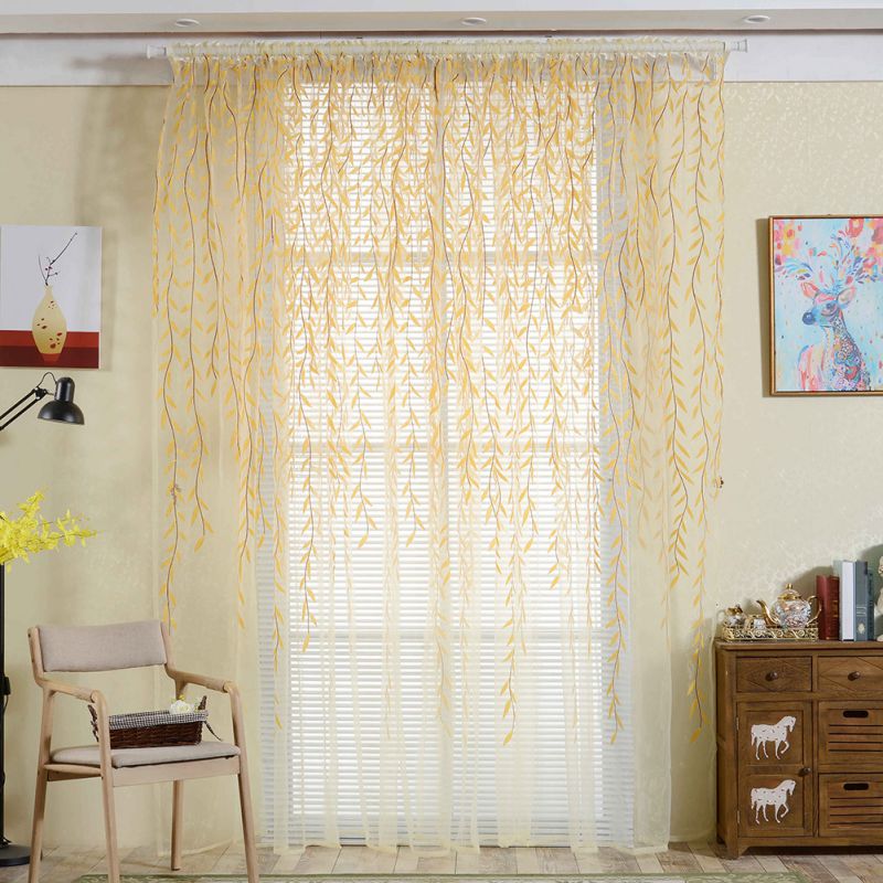 Modern Tulle Curtains for Living Room Bedroom Kitchen Green Leaf Sheer Curtains for Window Tulle Curtains Drapes: Yellow / 100X200CM