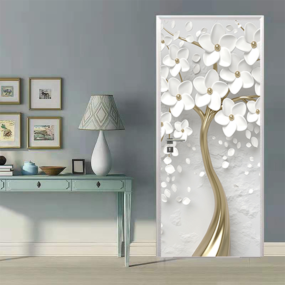 PVC 3D Door Sticker Wall Murals Embossed Trees Modern Aesthetics White Poster Living Room Self-Adhesive Wallpaper Home Decor