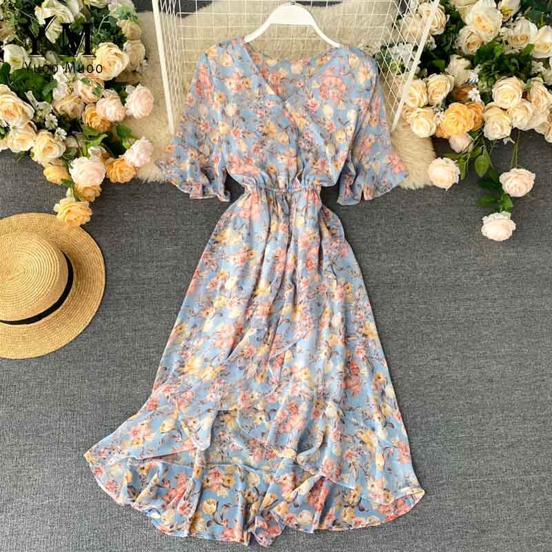 Yuoomuoo Bloemenprint Tube Chiffon Jurk Vrouwen Mode Elastische Taille Ruches Midi Jurk Zomer Lady Chic Strand Jurk: Blauw