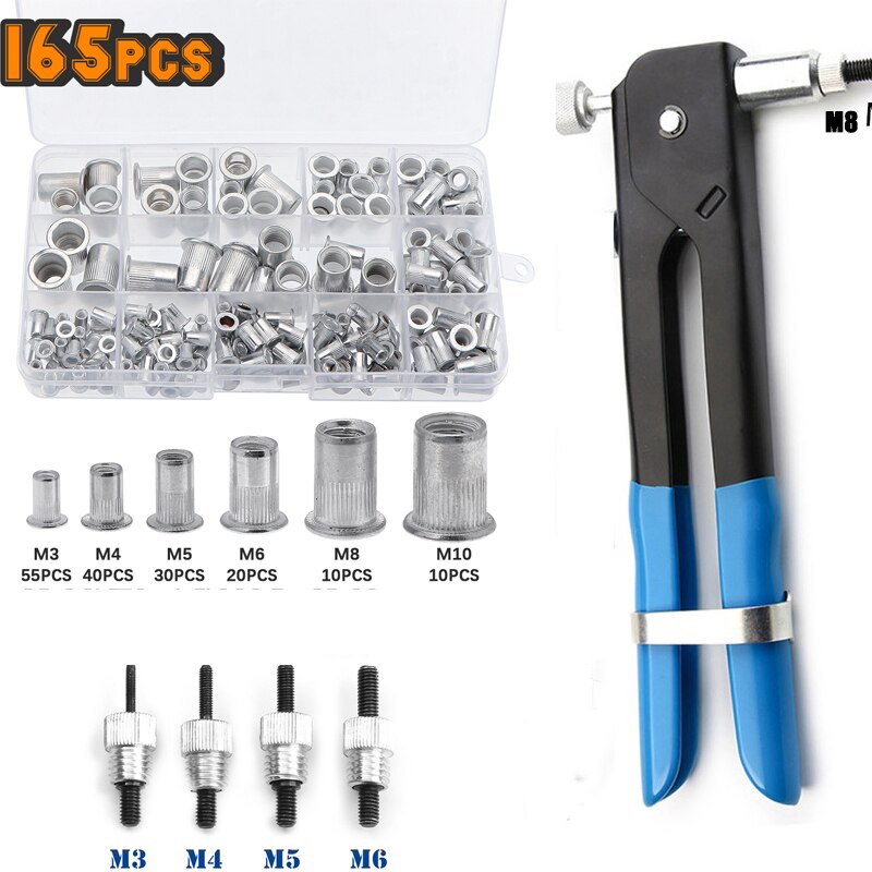 100/150/165/210pcs M3-M12 Multi Flat Head Metric Thread Blind Rivet Nut Insert Rivnut Nutsert Screw: 165pcs aluminum