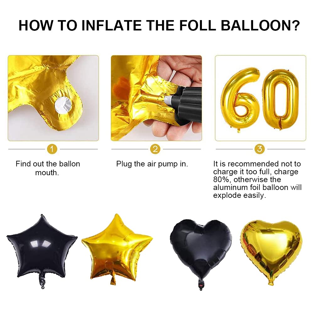 Decoraciones de 60 cumpleaños para hombres y mujeres, globos de 60 cumpleaños de oro negro, pompones de papel, confeti, globo impreso de feliz cumpleaños