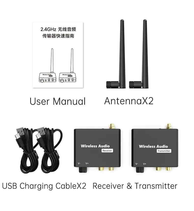 Transmisor y receptor de Audio inalámbrico Digital, 50M, 2,4G, adaptador de Audio inalámbrico con convertidor RCA R/L de 3,5mm para TV Box, DVD y PC: Negro