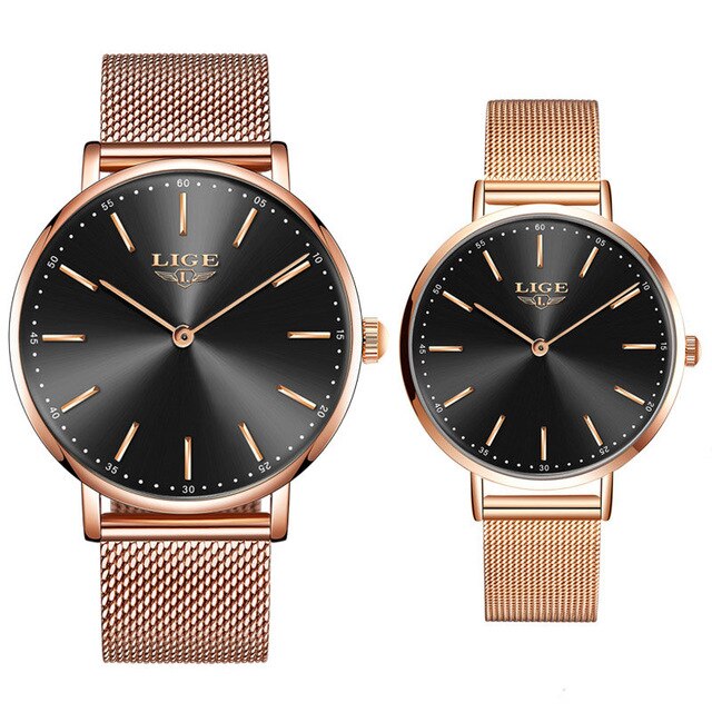 LIGE Couple montres pour amoureux haut de luxe Quartz horloge étanche montre-bracelet décontracté dames montre Couple amour: Rose gold black