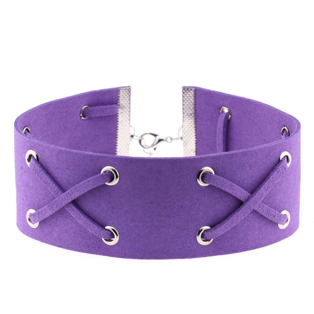 Decopunk Handmade Neo Gothic Hippie Wide Leather Wrap X Charm Silvery Lobster Buckle Adjustable Choker Necklaces For Women: Purple