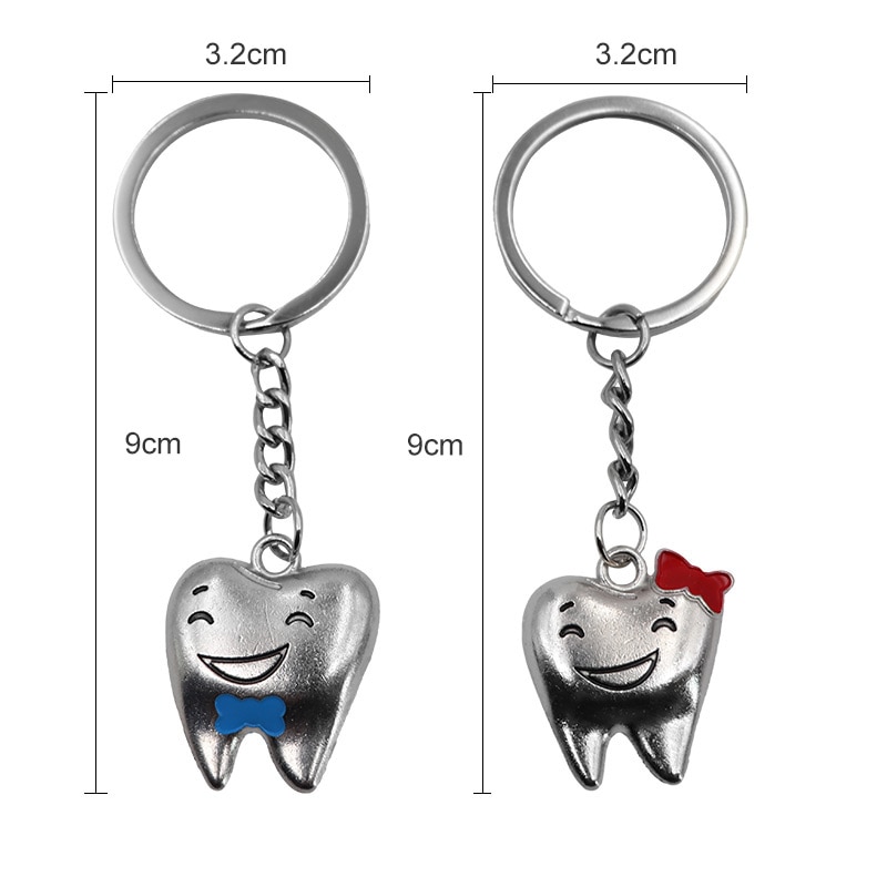 Llaveros con forma de modelo de dientes de dibujos animados, llaveros de acero inoxidable, de clínica Dental, decoración de dentista, 2 uds.