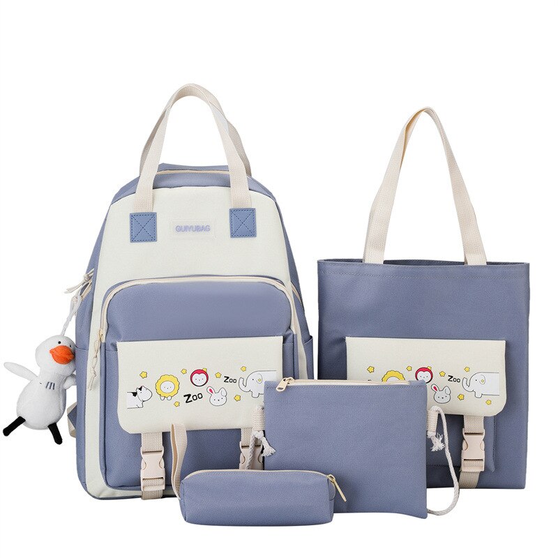 Qyahlybz 4 piece primary school student color matching bag middle school student backpack school children&#39;s girls backpacks: blue with duck