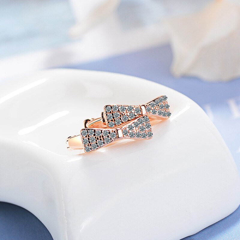 Bonito romântico rosegold hoop brincos simples arco-nó cristal zircônia brinco para mulheres jóias de alta qualidade