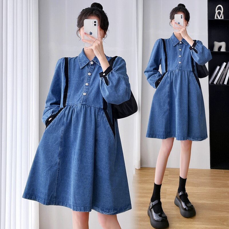 Vestido vaquero premamá de manga larga para mujeres embarazadas, ropa de embarazo de estilo coreano, con cuello vuelto, botón, a la