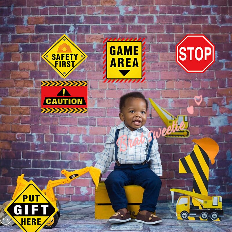 12 unids/set construcción papel de señal señales de tráfico tonto camión chicos tema adornos de feliz cumpleaños niños suministros