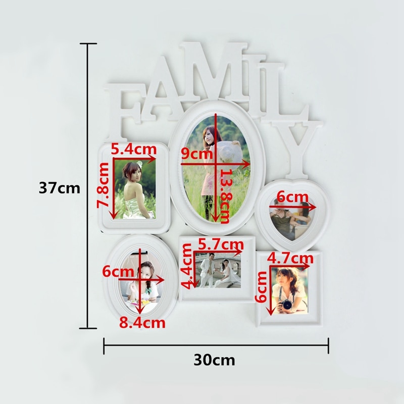 Family Photo Frame Wall Hanging 6 Multi-Sized Pictures Holder Display Home Decor 30X37Cm Back Side with Pull Tabs- Whit