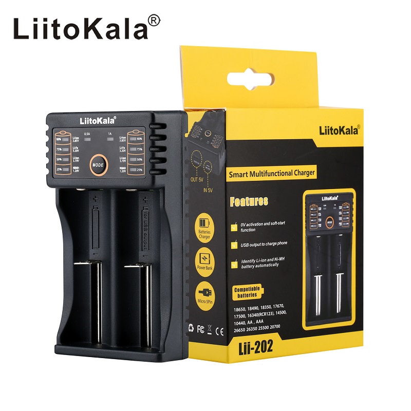 LiitoKala Lii-202 battery charger+2pcs LiitoKala Lii-50A 26650 5000mah Rechargeable battery for flashlight,40-50A discharge
