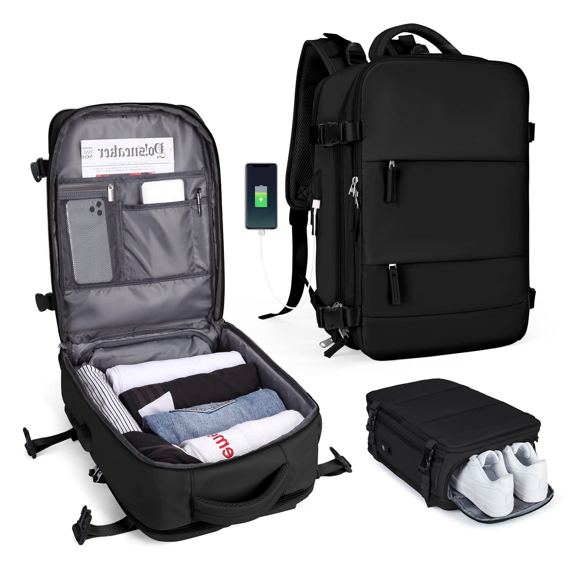 Reisrugzak Voor Dames Heren, 42X32X20, Rugzak Met Luchtvaartmaatschappij Goedgekeurd, Waterdichte Casual Laptop Rugzak Voor Universiteitszaken: Black