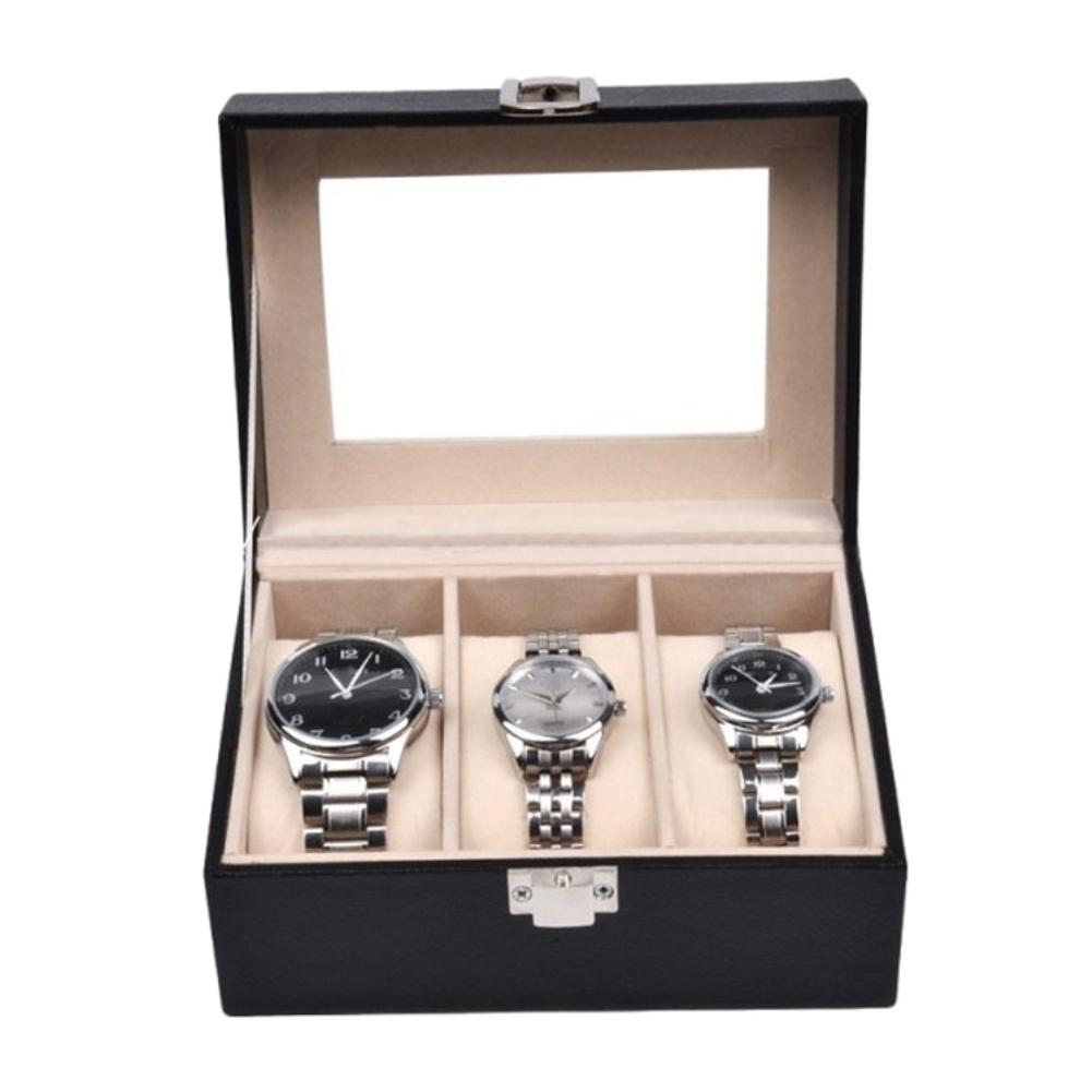 3Slots Faux Lederen Horloge Doos Geval Houder Organizer Voor Quartz Horloges Sieraden Dozen Display Met Slot Stofdicht container Case
