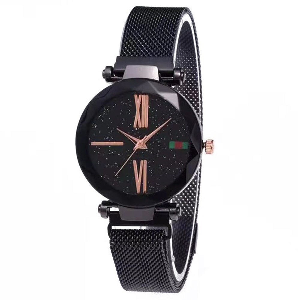 Luxury Rose Gold Women Watches Minimalism Starry sky Magnet Buckle Casual Female Wristwatch Waterproof Roman Numeral: Black