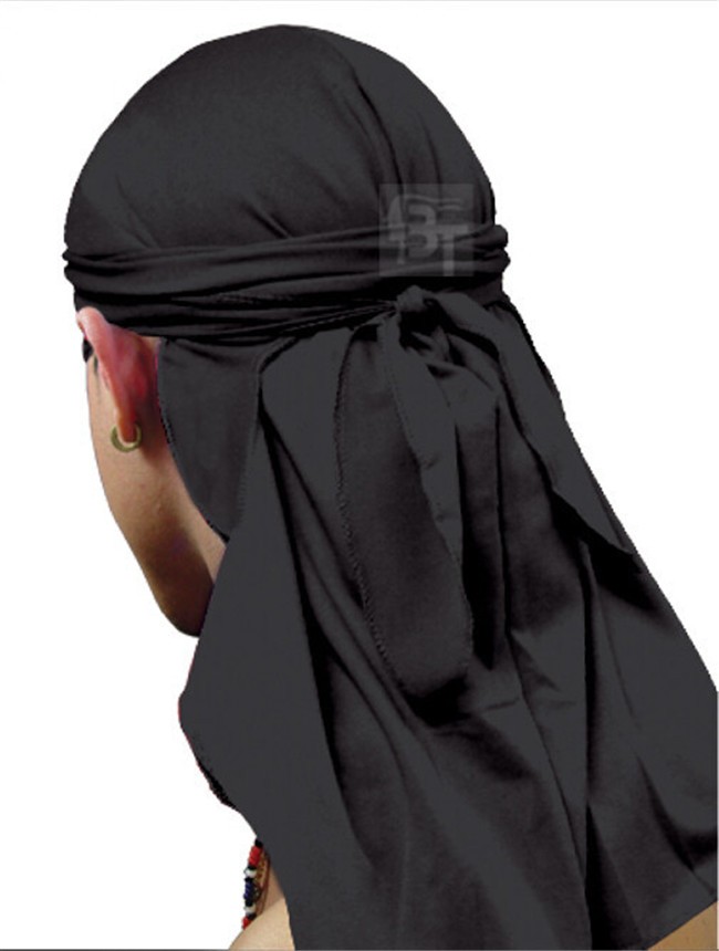 Men cap Spandex King's Durag Biker Head Wrap Skullcap Bandanna Doo Rag: Black