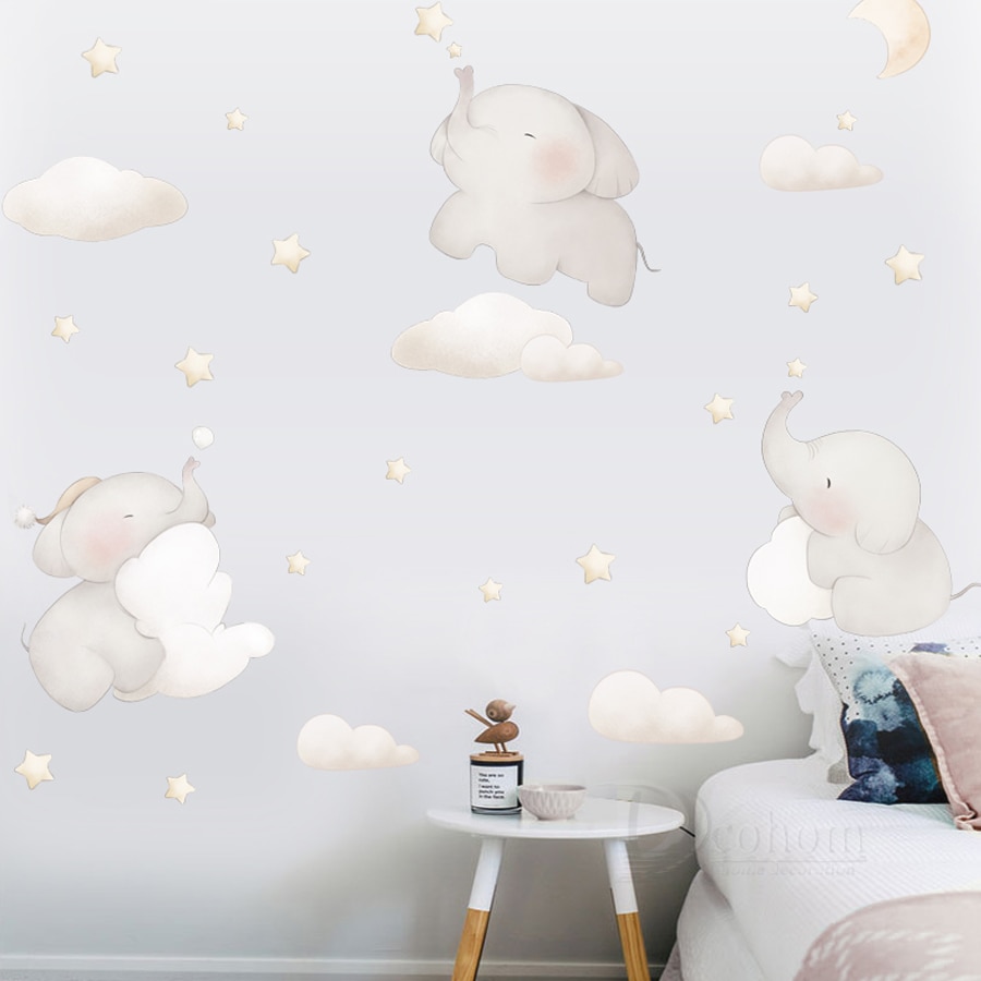 Karikatur Sterne Wolke Zauberstab Aufkleber Elefant Ebene Aufkleber Baby freundlicher Zimmer Dekoration nordisch Stil Kindergarten Vinyl Zauberstab Abziehbilder