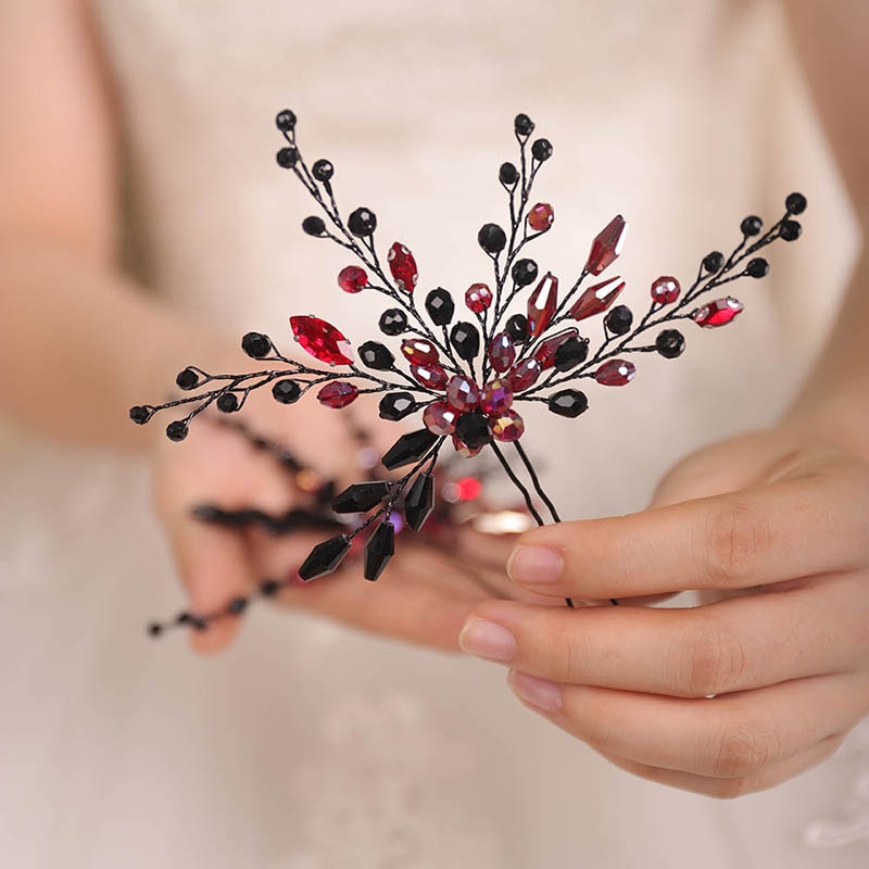 Bohe-conjunto de accesorios para el cabello para mujer, conjunto de pasador y pendientes negros, tocados de cristal, joyería para la cabeza nupcial, conjunto de peinado de boda