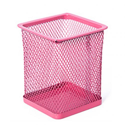 Desktop Office Mesh Metal pencil holder Pen Pencil Brush Pot Holder Storage Container Office Desk Organizer office organizer: Rose Red  Square