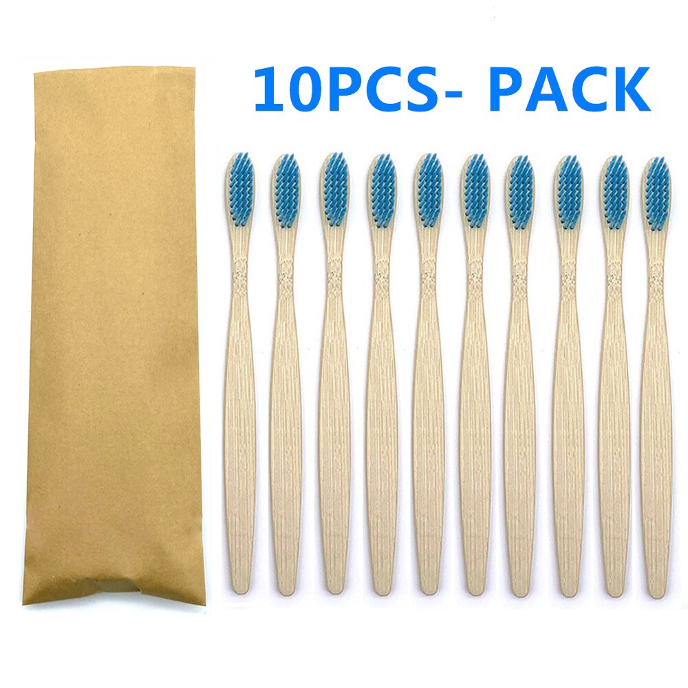 Bamboo Toothbrush Wooden Handle Brush Eco Friendly Tooth Brush Head Cover Oral Care Cleaning Tools Soft Fibre Rainbow Color: 10PCS Blue Color