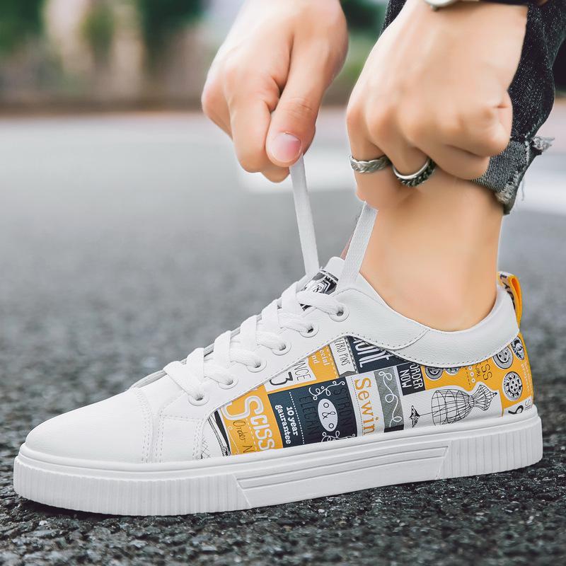 Forår mænd fritidssko gul læder sneakers graffiti flade skridsikre slidbestandige snørebånd åndbare sorte herresko: Hvid / 10