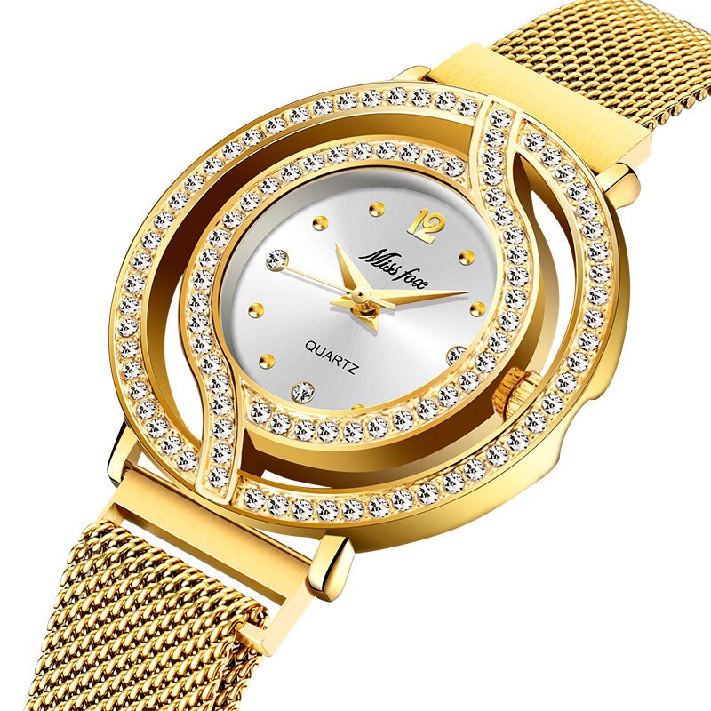 Missfox magnetisk ur dame luksus mærke vandtæt diamant dame ure hul blå kvarts guld dame armbåndsur: 2741- gw