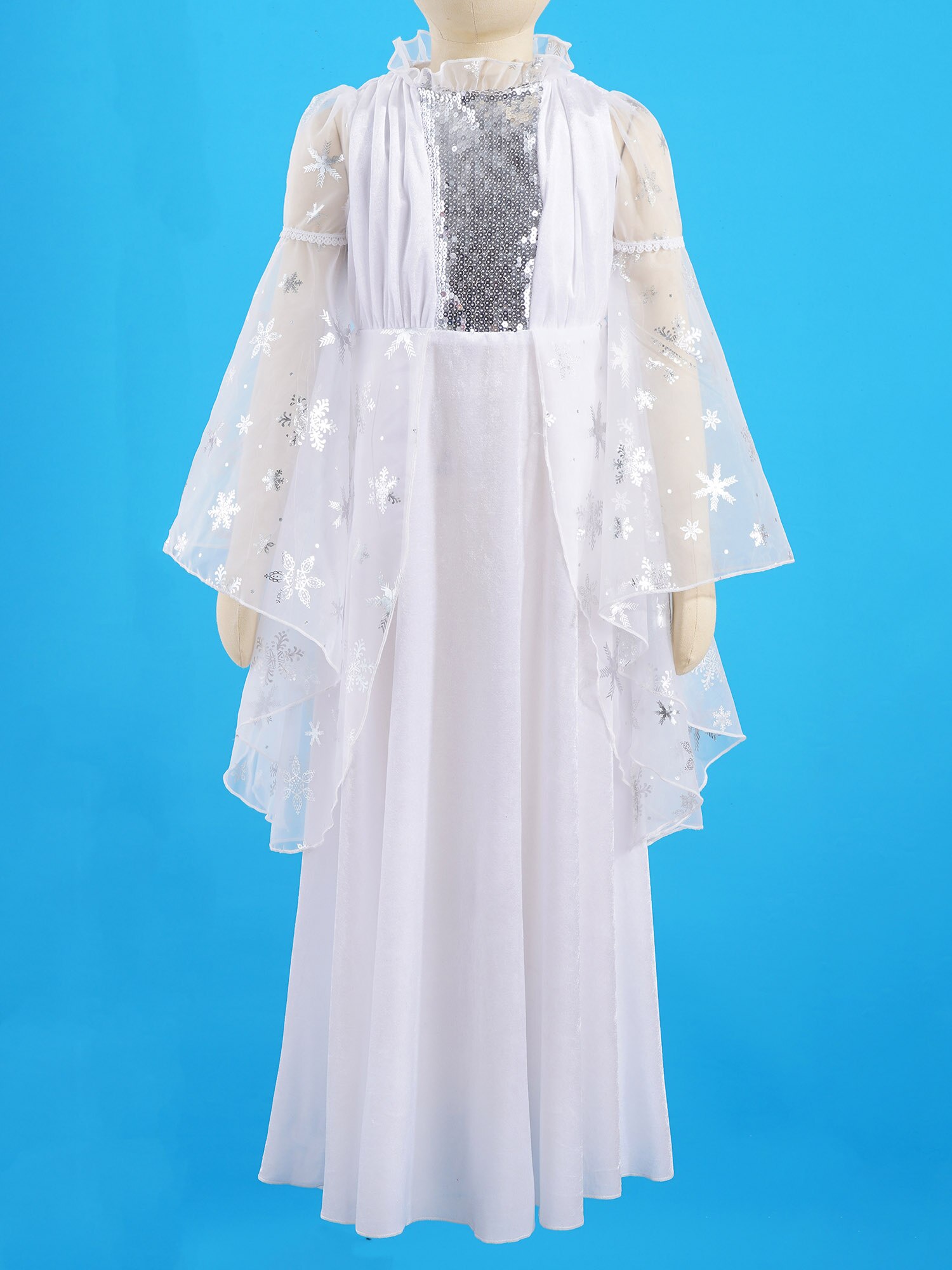 Disfraces de Ángel Blanco para niñas, Vestido de manga larga con estampado de copo de nieve, malla con lentejuelas adornadas, largo de tul para actuaciones en escenario