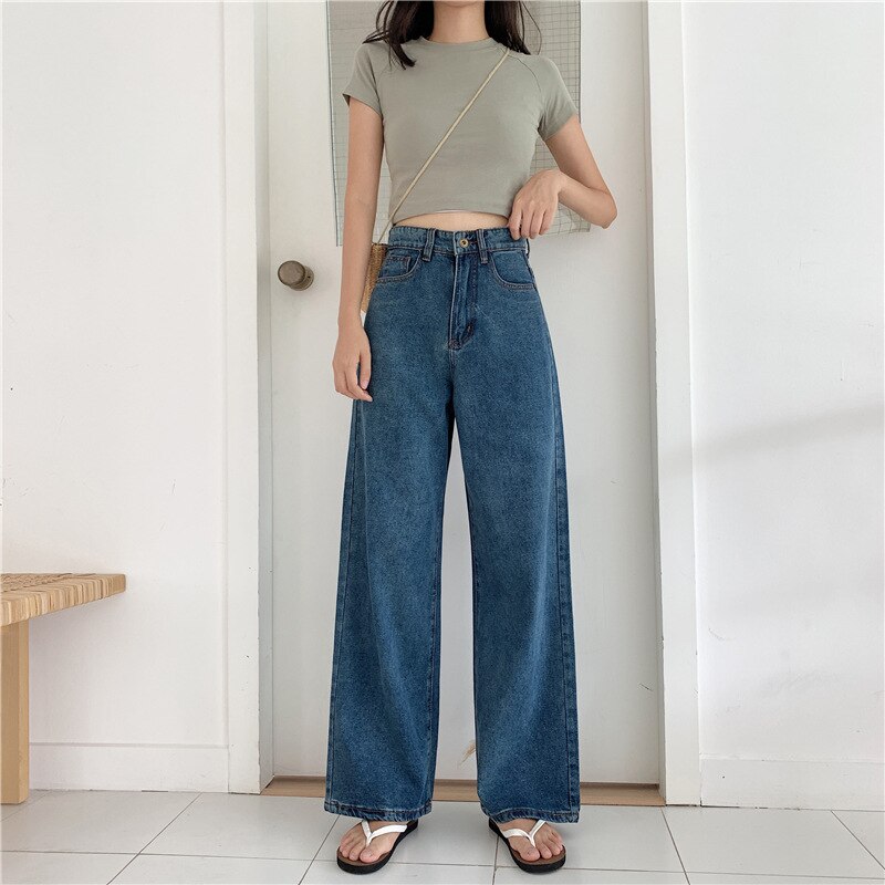 Frauen-Hose Hohe Taille, Weites Bein, Koreanischer Style – Lässig & Bequem, Aus Baumwolle