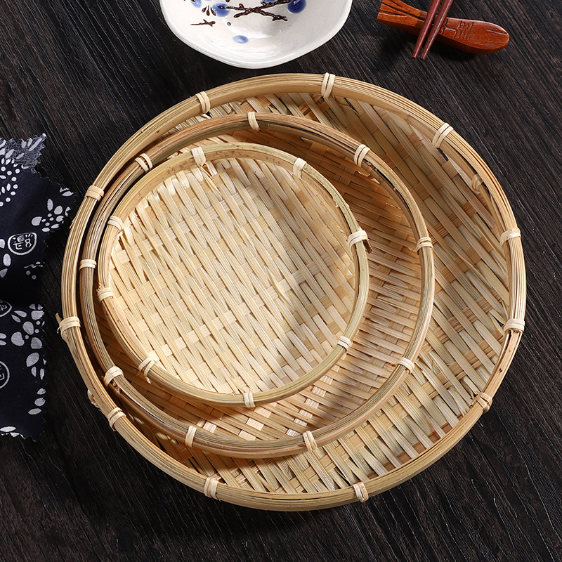 Cesta tejida de bambú, bandeja plana de mimbre redonda, cesta de frutas tejida, almacenamiento de alimentos, bandeja poco profunda, bandeja decorativa para servir para el hogar y la cocina