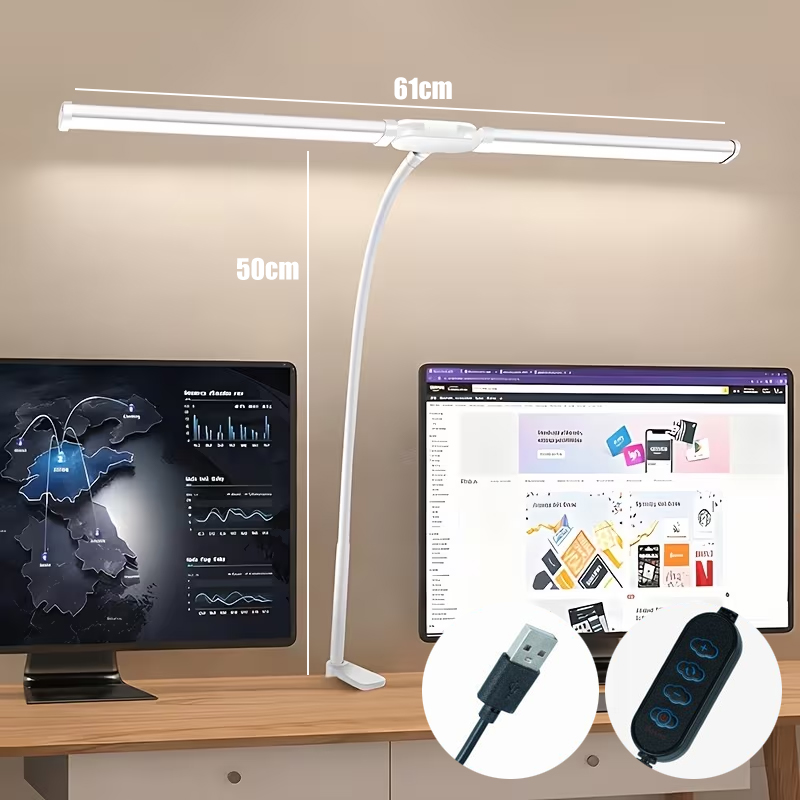 LED-bureaulamp voor thuiskantoor Oogverzorgende monitor Tafellamp met klem Kleurverandering Dimbaar met flexibele zwanenhals Dubbele kop: WIT