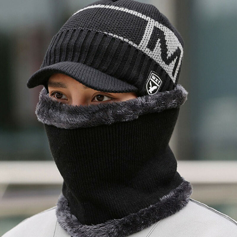 Warme gefütterte Herren Wintermütze Schal Strick Cap Beanie invierno SkiSnowboard