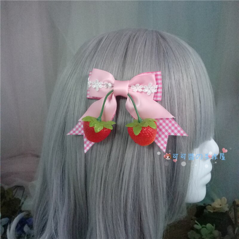 Lolita aardbei hoofdtooi side map eendenbek clip zachte zus Japanse meisje Lori Lolita verse dubbele paardenstaart haarspeld: Pink