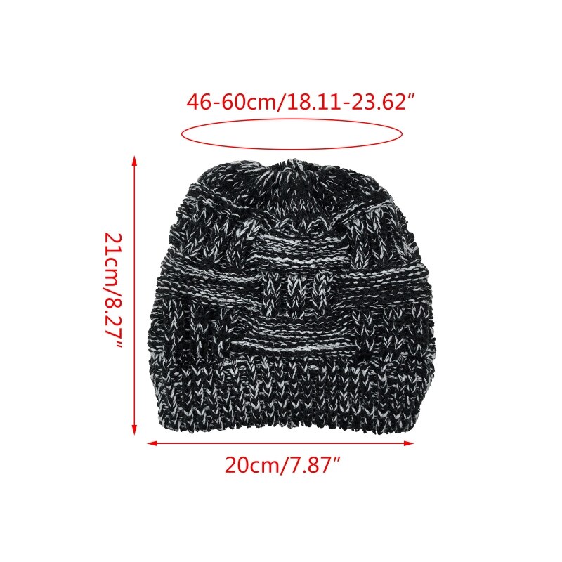 Women Winter Chunky Plaid Crochet Knitted Beanie Hat with Ponytail Hole High Messy Bun Solid Color Stretch Snow Ski Skull Cap