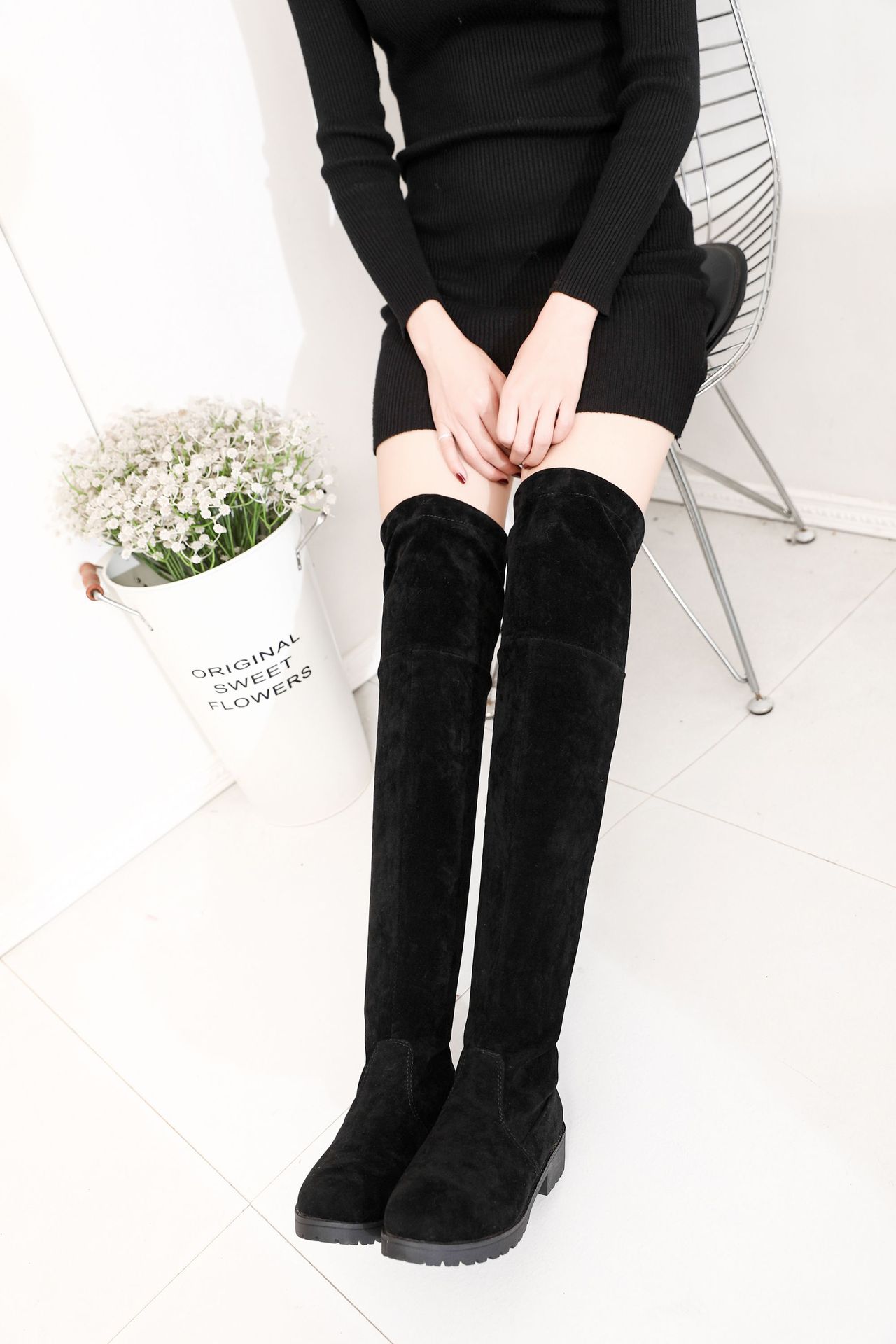 Plus Siz 34-41Fashion Vrouwelijke Winter Dij Hoge Laarzen Faux Suède Solid Hoge Hakken Vrouwen Over De Knie Schoenen
