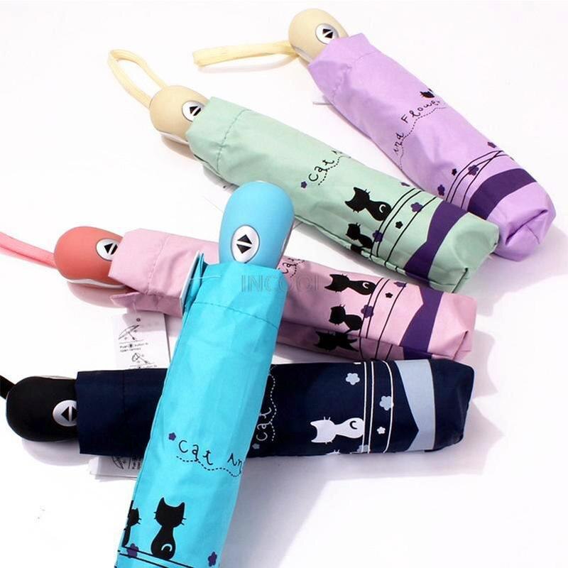 Parapluie pliant automatique pour femmes, style chat et fleurs, ultraléger, coupe-vent, pluie de soleil