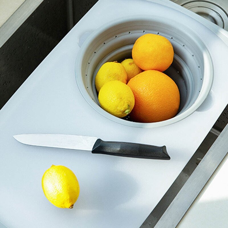 Fregadero alargado y grueso de cocina para cortar verduras, tabla de corte de cesta de drenaje, fregadero plegable multifuncional